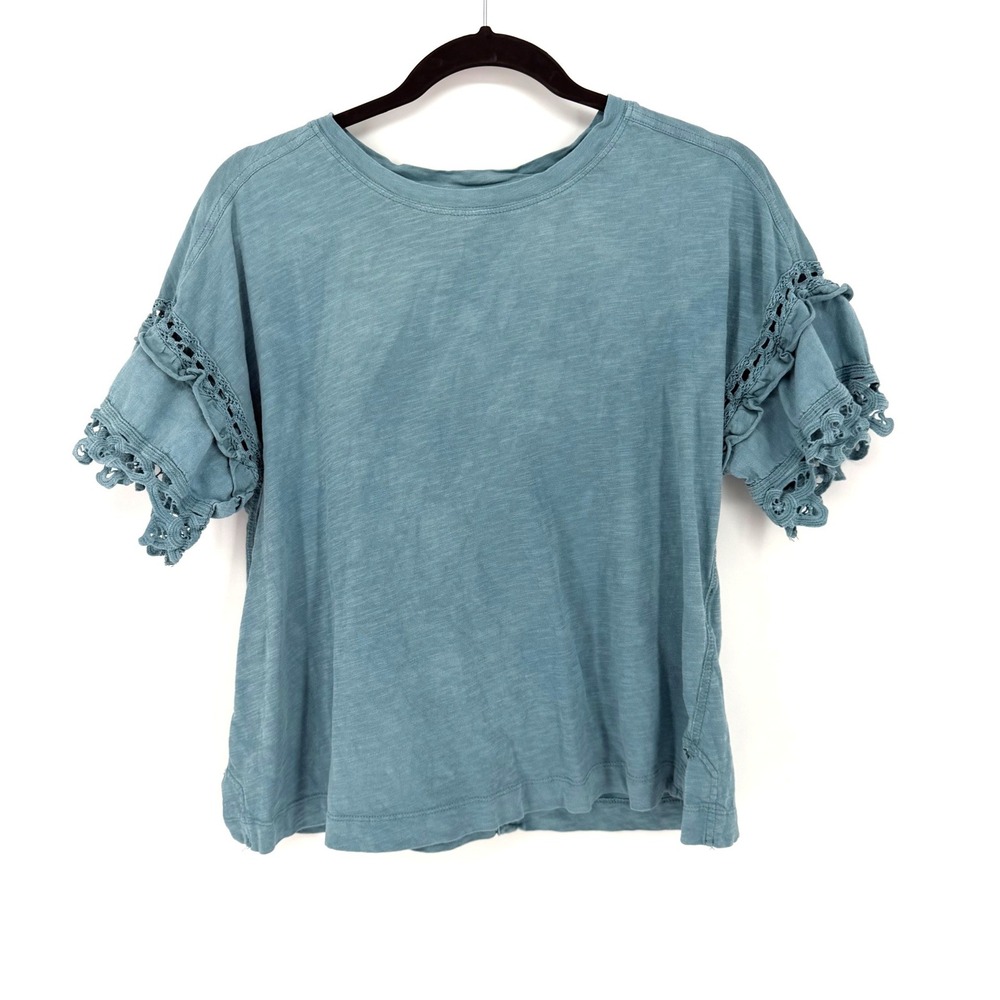 Pilcro T-Shirt Ruffle lace Sleeve S Teal Blue Boho Cotton Slub Knit Top